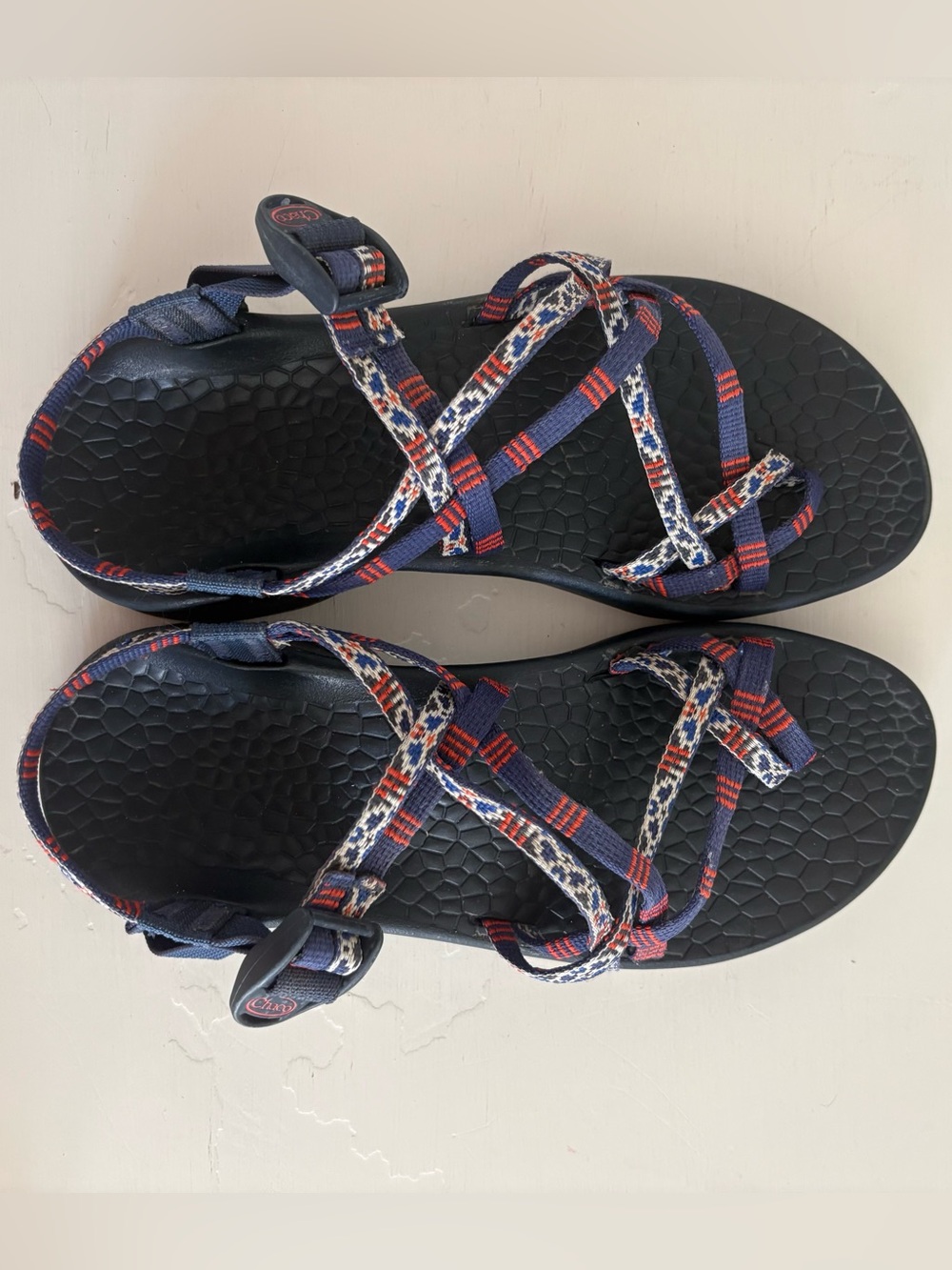 Chaco women’s Navy Strappy Sandals with Red and White Accents